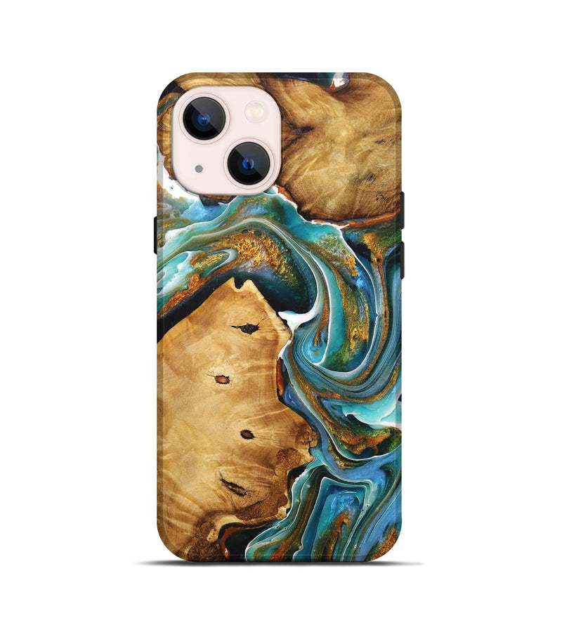 iPhone 13 mini Wood+Resin Live Edge Phone Case - Hazel (Teal & Gold, 713505)