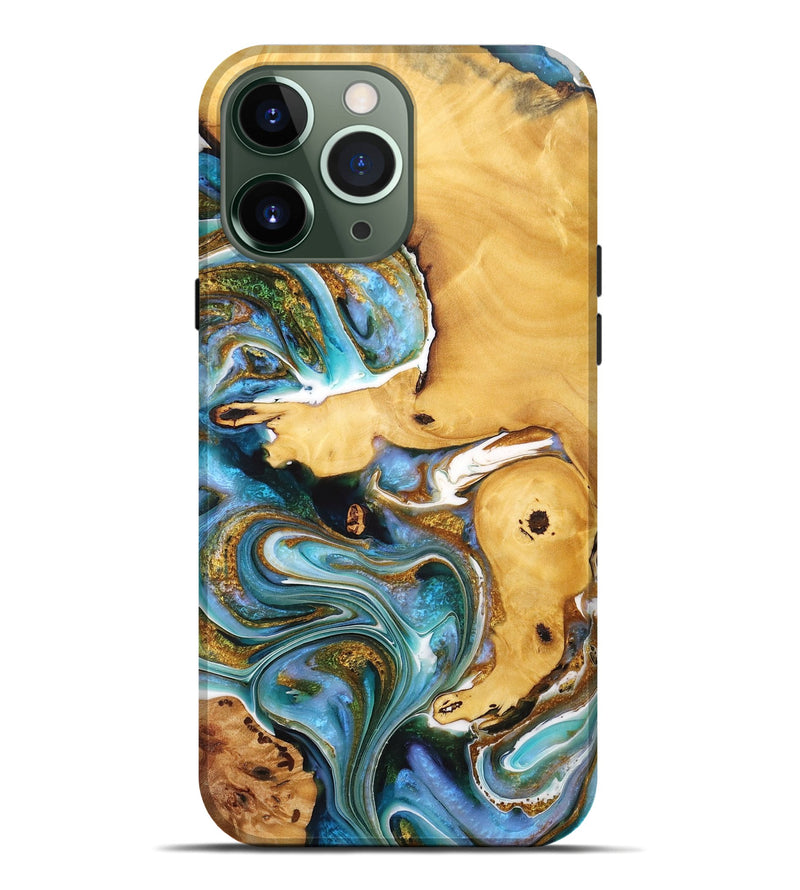 iPhone 13 Pro Max Wood+Resin Live Edge Phone Case - Tania (Teal & Gold, 713507)