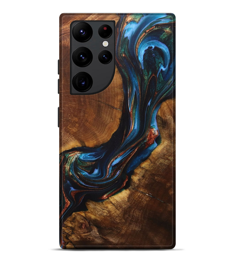 Galaxy S22 Ultra Wood+Resin Live Edge Phone Case - Dena (Teal & Gold, 713508)