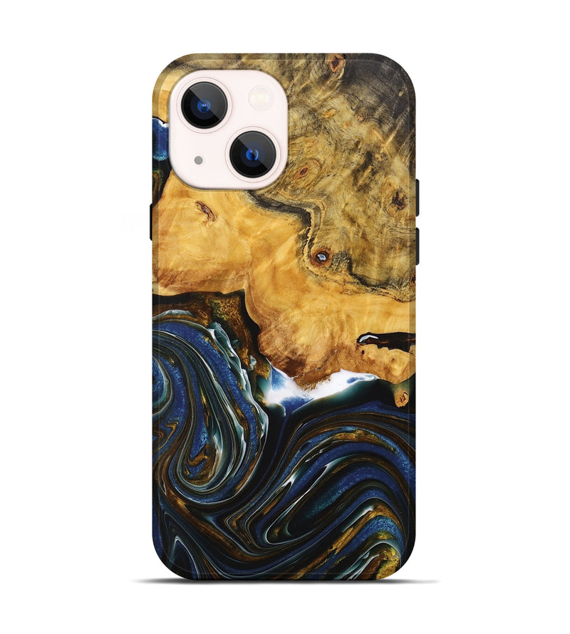 iPhone 14 Wood+Resin Live Edge Phone Case - Mckinley (Teal & Gold, 713509)