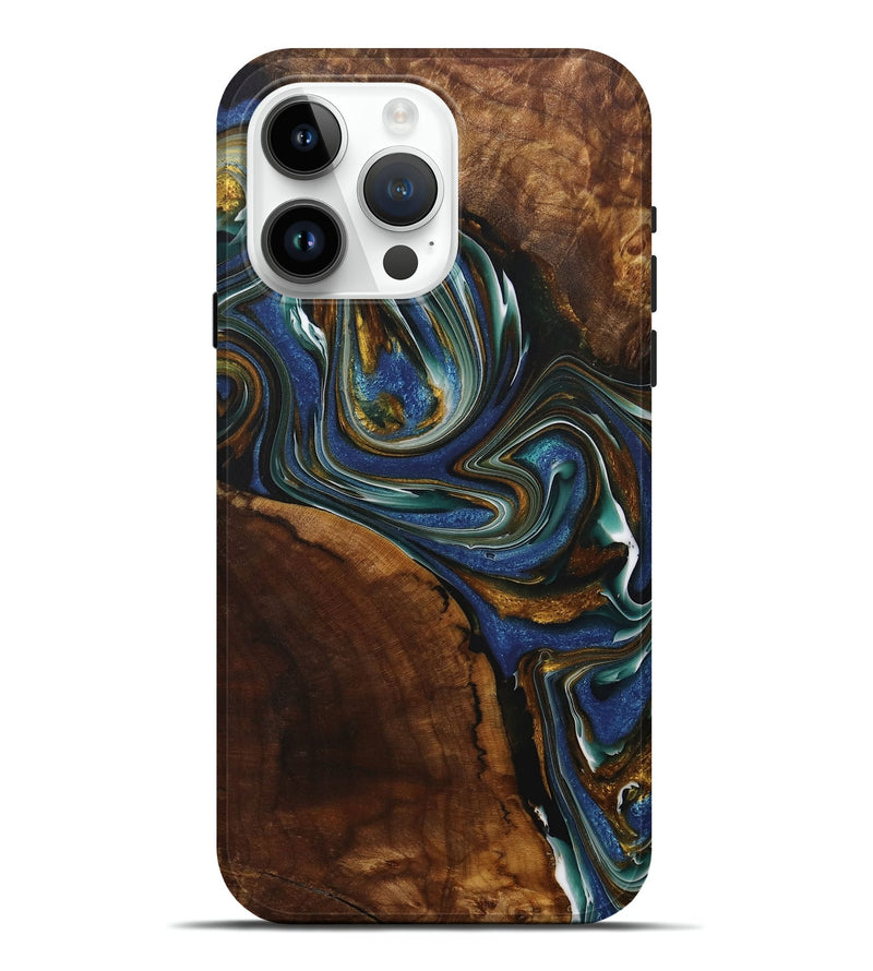 iPhone 15 Pro Max Wood+Resin Live Edge Phone Case - Mya (Teal & Gold, 713510)