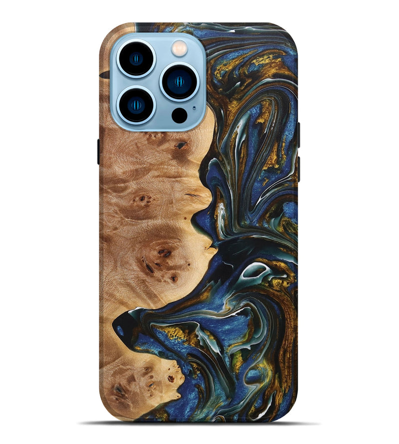 iPhone 14 Pro Max Wood+Resin Live Edge Phone Case - Enzo (Teal & Gold, 713511)