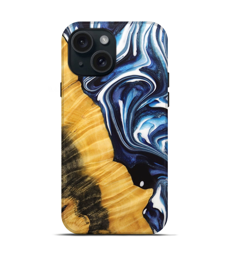 iPhone 15 Wood+Resin Live Edge Phone Case - Grayson (Blue, 713619)