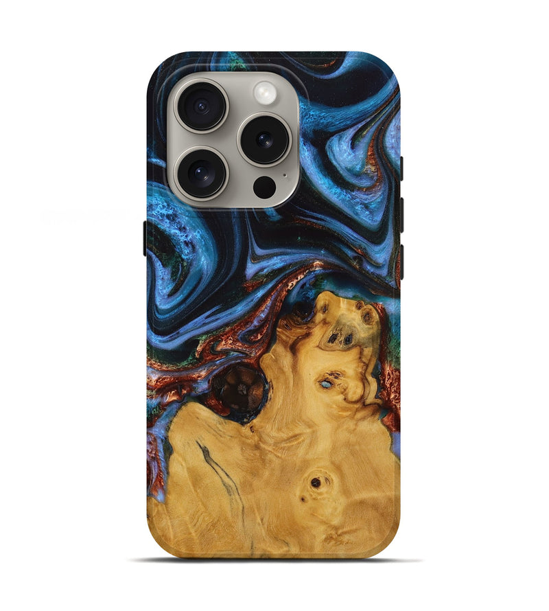 iPhone 16 Pro Wood+Resin Live Edge Phone Case - Ruby (Teal & Gold, 713623)