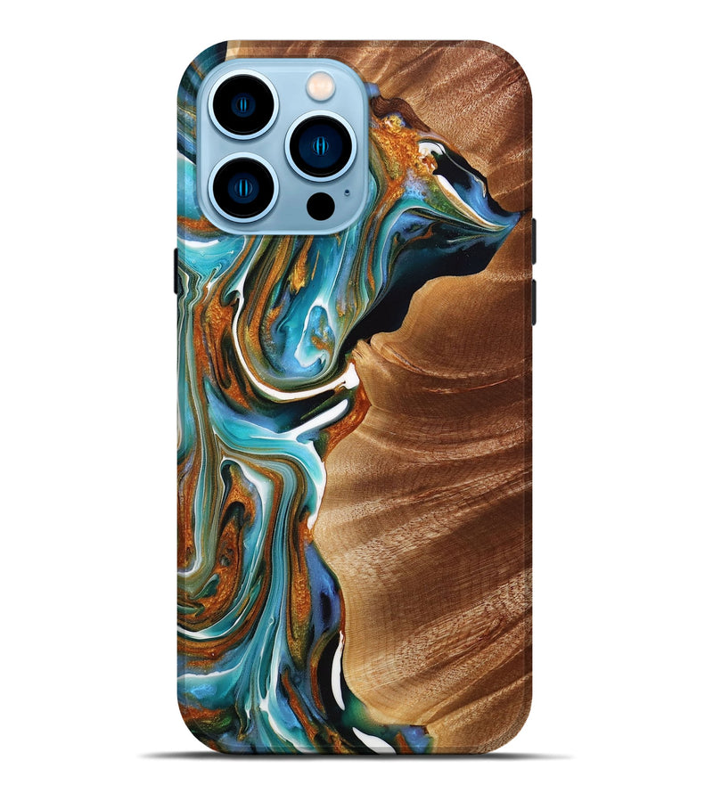 iPhone 14 Pro Max Wood+Resin Live Edge Phone Case - Lauryn (Teal & Gold, 713626)