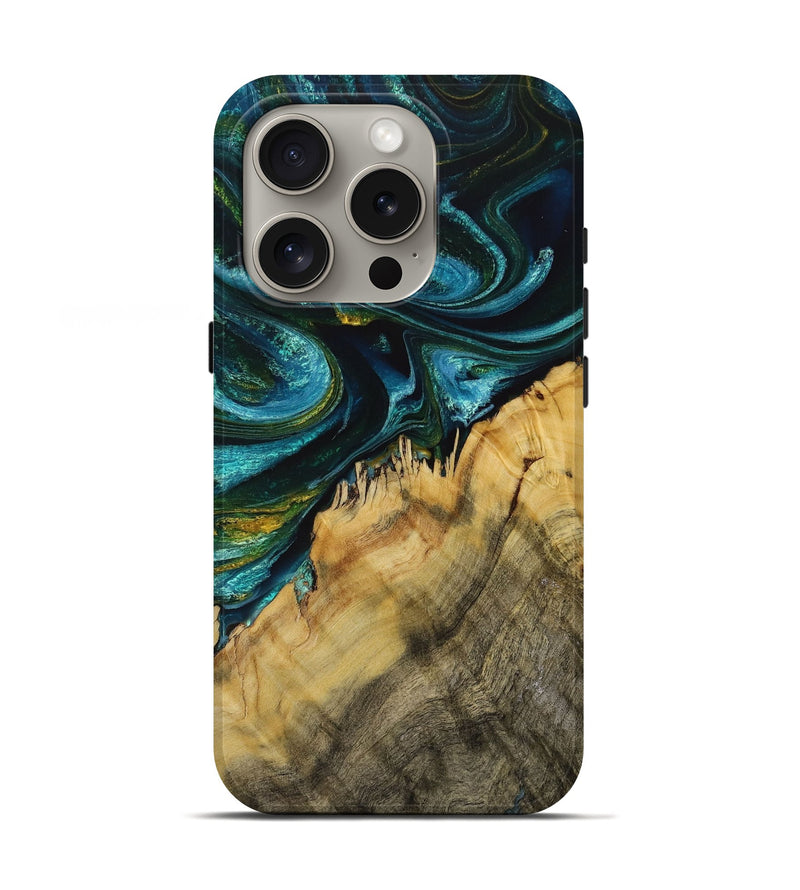 iPhone 16 Pro Wood+Resin Live Edge Phone Case - Janelle (Teal & Gold, 713637)