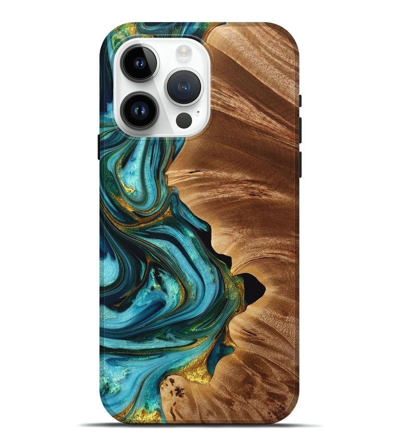 iPhone 15 Pro Max Wood+Resin Live Edge Phone Case - Shaq (Teal & Gold, 713644)