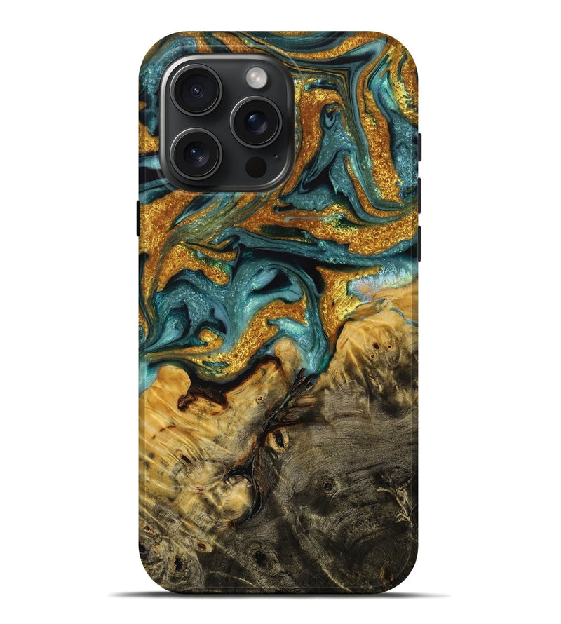 iPhone 16 Pro Max Wood+Resin Live Edge Phone Case - Kairo (Teal & Gold, 713646)