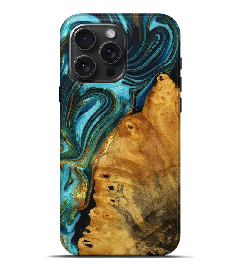iPhone 16 Pro Max Wood+Resin Live Edge Phone Case - Carole (Teal & Gold, 713647)