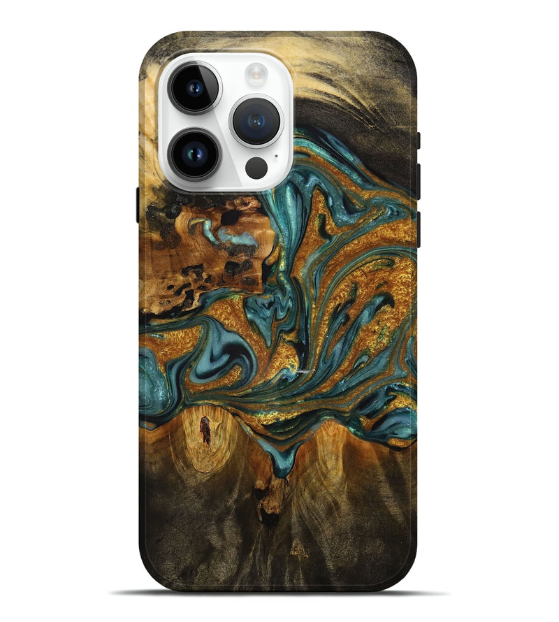 iPhone 15 Pro Max Wood+Resin Live Edge Phone Case - Nicolas (Teal & Gold, 713648)