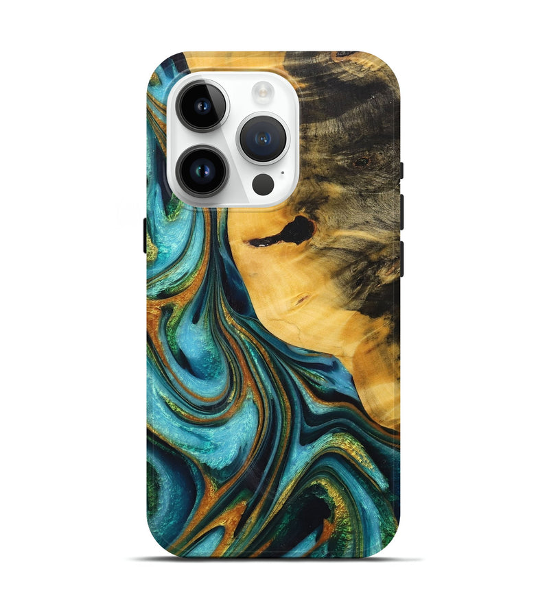 iPhone 15 Pro Wood+Resin Live Edge Phone Case - Stanley (Teal & Gold, 713651)