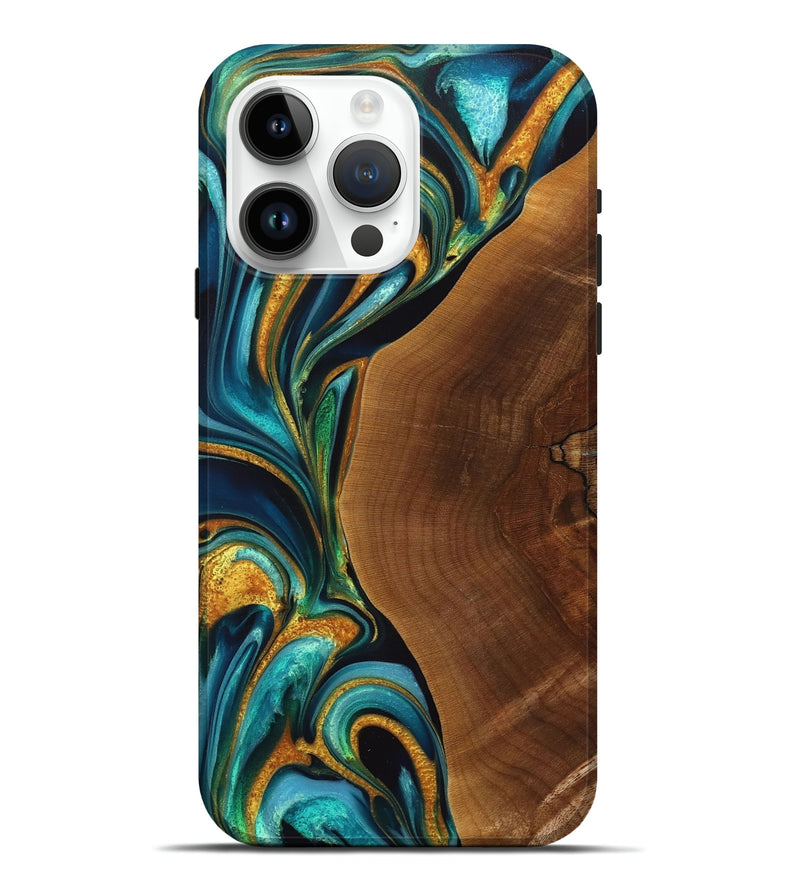 iPhone 15 Pro Max Wood+Resin Live Edge Phone Case - Samuel (Teal & Gold, 713653)