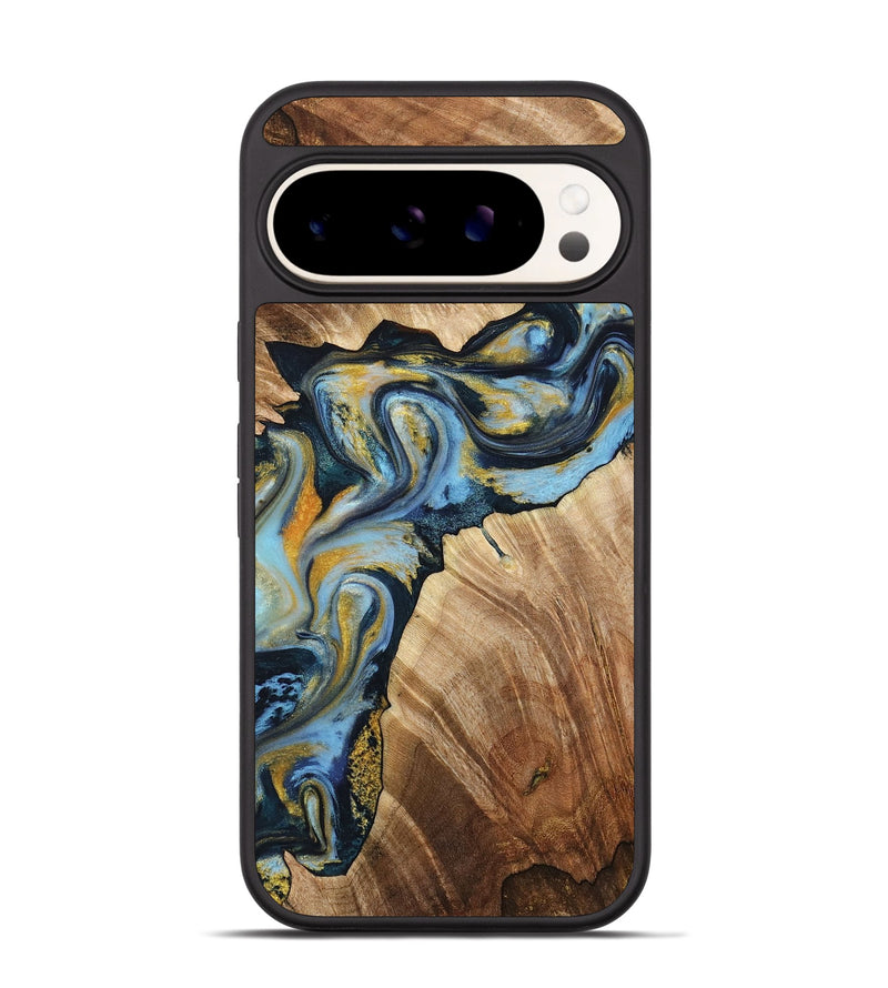 Pixel 9 Wood+Resin Phone Case - Ashley (Teal & Gold, 714043)