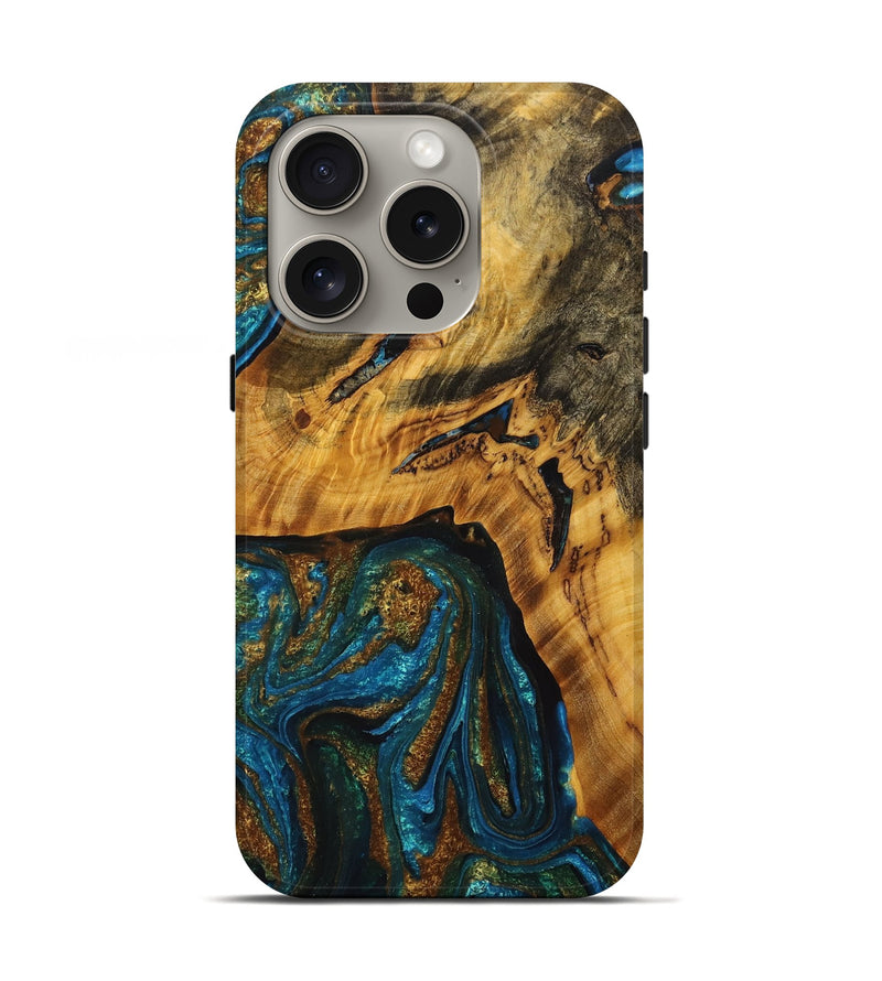 iPhone 16 Pro Wood+Resin Live Edge Phone Case - Arlene (Teal & Gold, 714210)