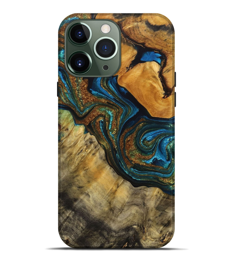 iPhone 13 Pro Max Wood+Resin Live Edge Phone Case - Tatum (Teal & Gold, 714211)