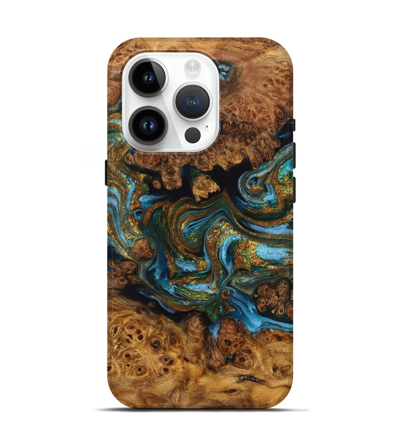 iPhone 15 Pro Wood+Resin Live Edge Phone Case - Vanessa (Teal & Gold, 714212)
