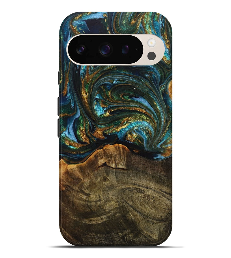 Pixel 9 Pro XL Wood+Resin Live Edge Phone Case - Dominic (Teal & Gold, 714213)