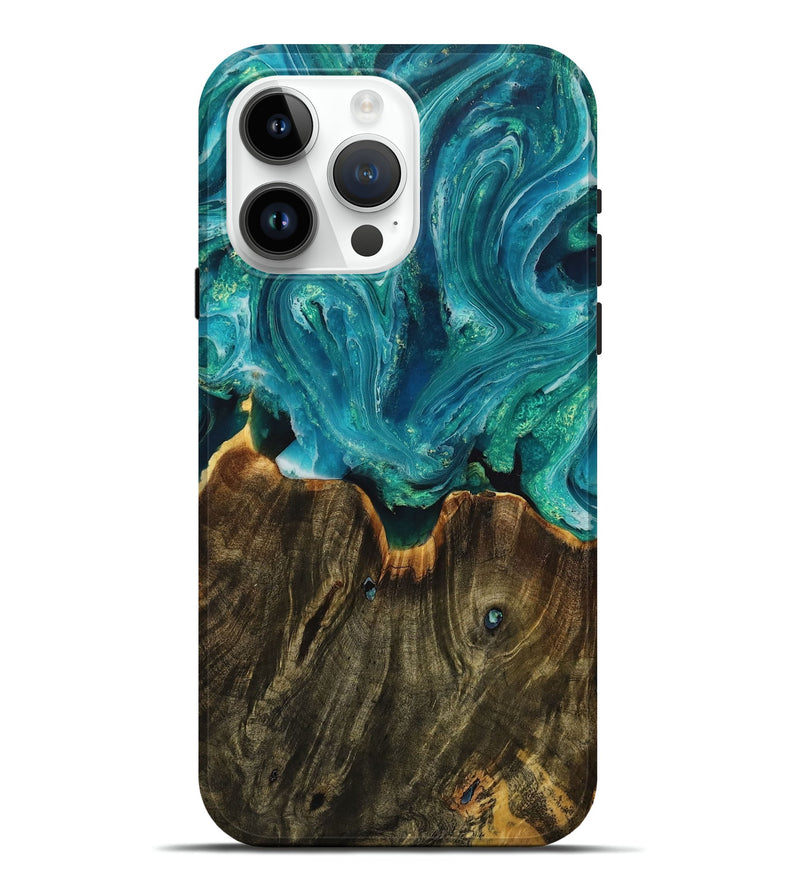 iPhone 15 Pro Max Wood+Resin Live Edge Phone Case - Hanna (Green, 714228)