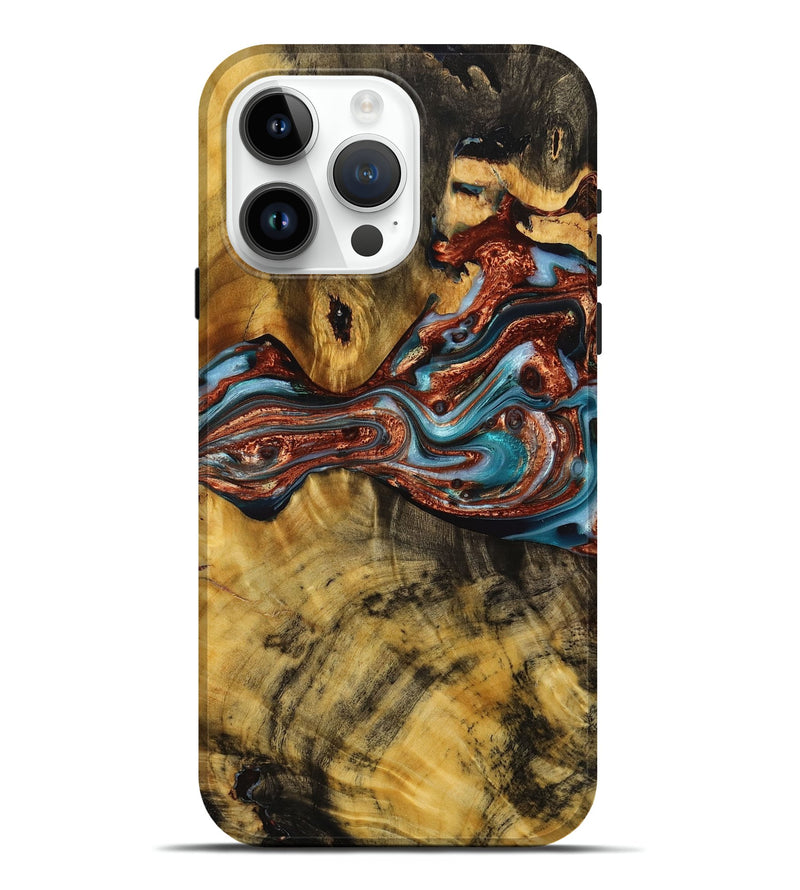 iPhone 15 Pro Max Wood+Resin Live Edge Phone Case - Braylen (Teal & Gold, 714232)