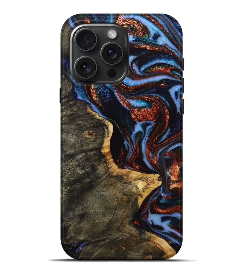 iPhone 16 Pro Max Wood+Resin Live Edge Phone Case - Jimmie (Teal & Gold, 714234)