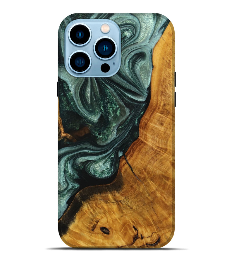 iPhone 14 Pro Max Wood+Resin Live Edge Phone Case - Bennie (Green, 714250)
