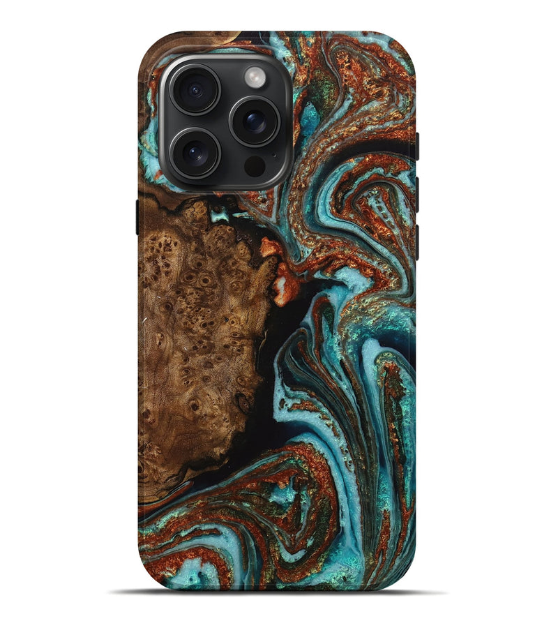 iPhone 16 Pro Max Wood+Resin Live Edge Phone Case - Luna (Teal & Gold, 714259)