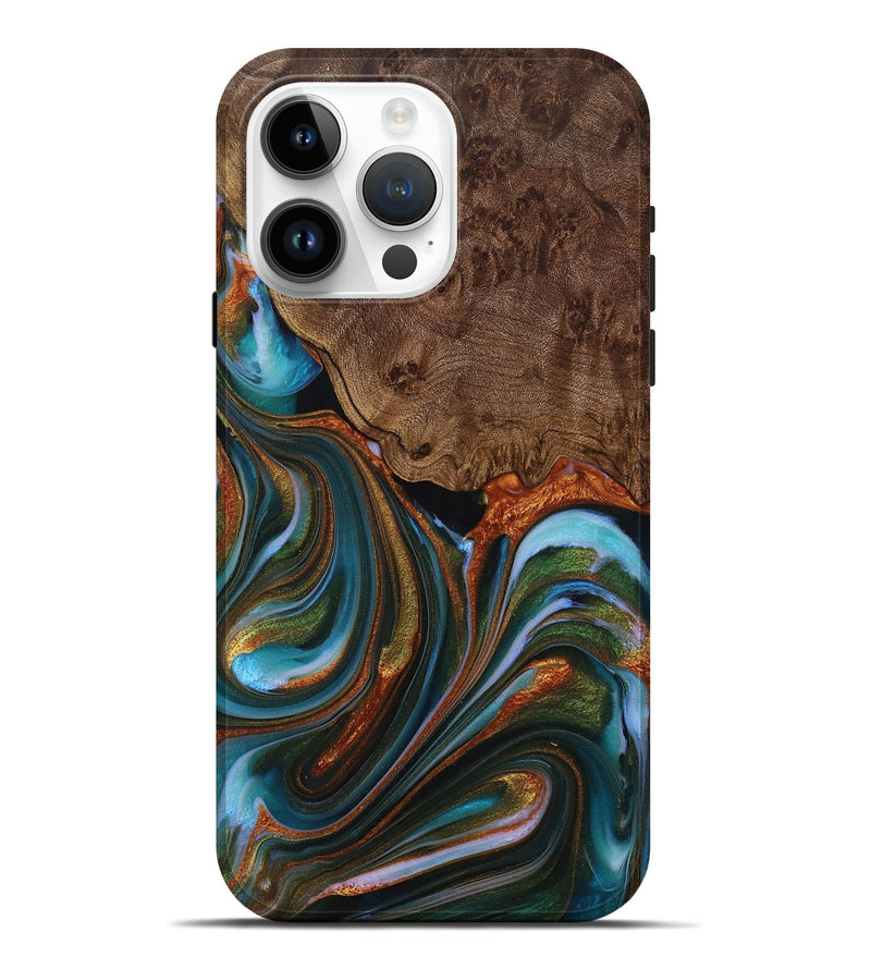 iPhone 15 Pro Max Wood+Resin Live Edge Phone Case - Sharyn (Teal & Gold, 714263)