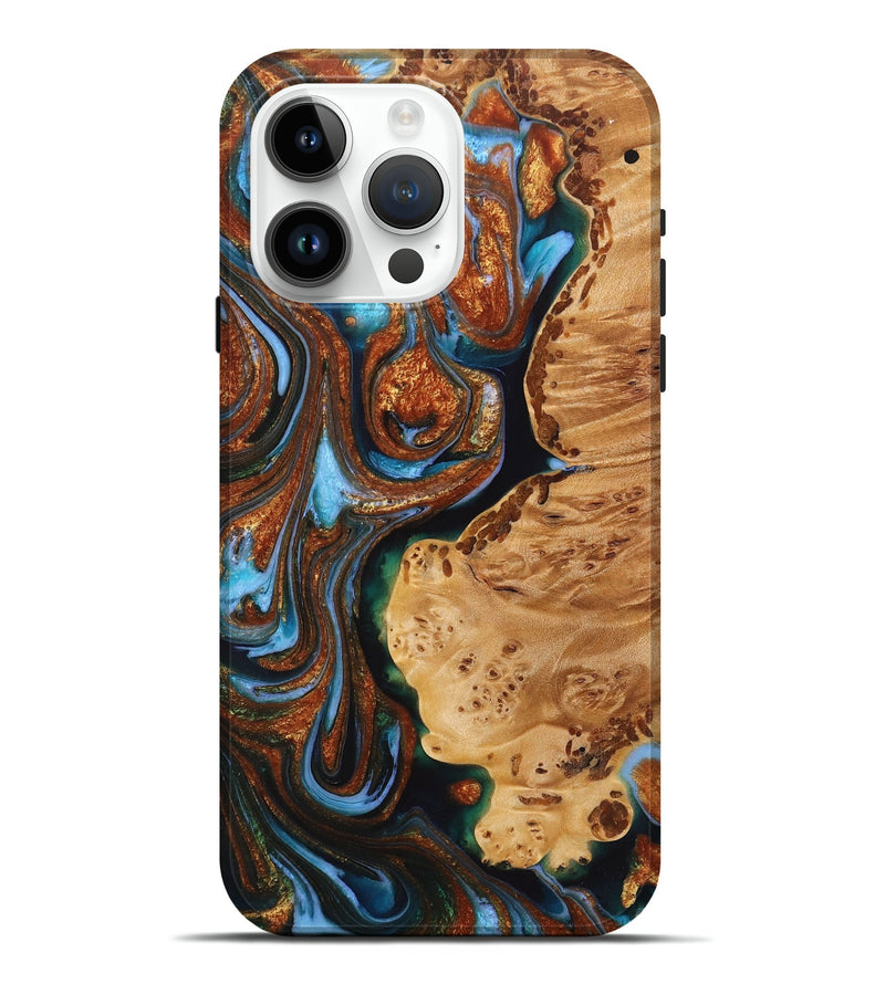 iPhone 15 Pro Max Wood+Resin Live Edge Phone Case - Hillary (Teal & Gold, 714264)