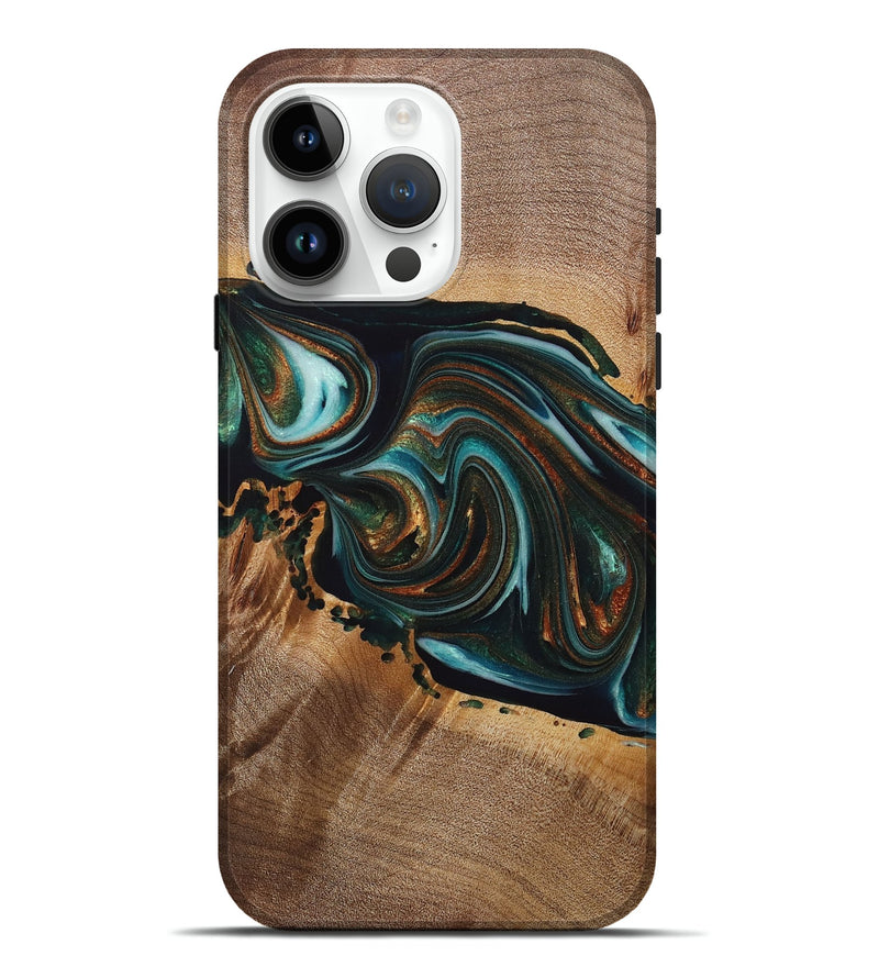 iPhone 15 Pro Max Wood+Resin Live Edge Phone Case - Hillary (Teal & Gold, 714702)