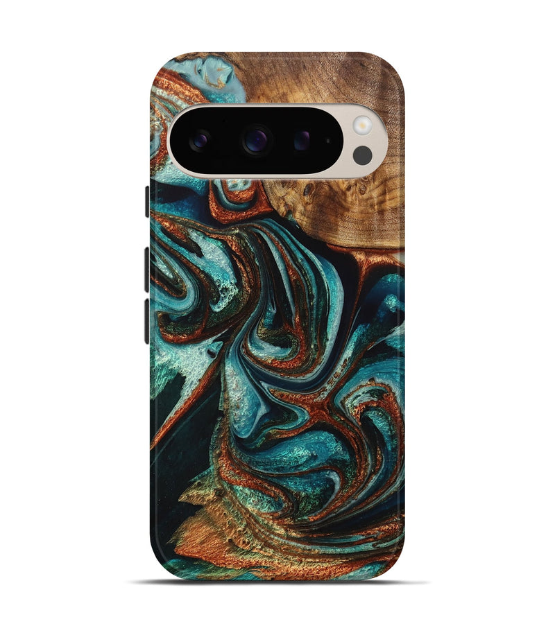 Pixel 9 Pro Wood+Resin Live Edge Phone Case - Edna (Teal & Gold, 714703)
