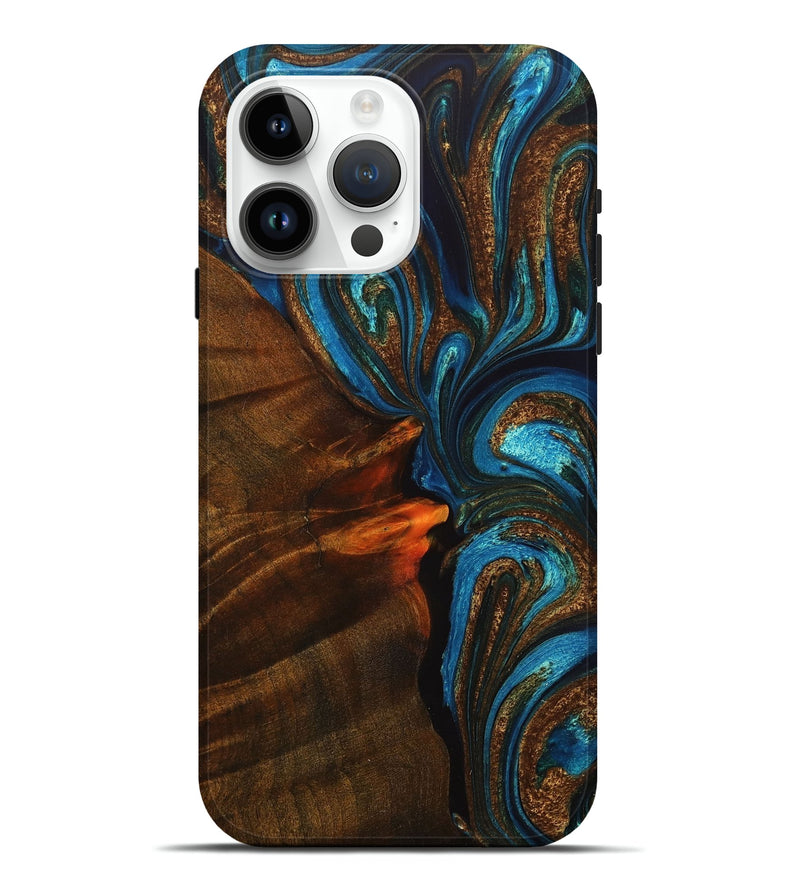 iPhone 15 Pro Max Wood+Resin Live Edge Phone Case - Sophie (Teal & Gold, 714704)