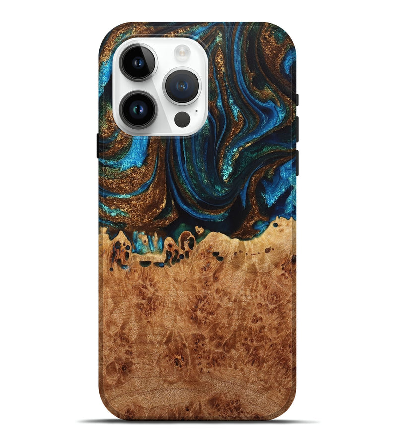 iPhone 15 Pro Max Wood+Resin Live Edge Phone Case - Kenzie (Teal & Gold, 714705)