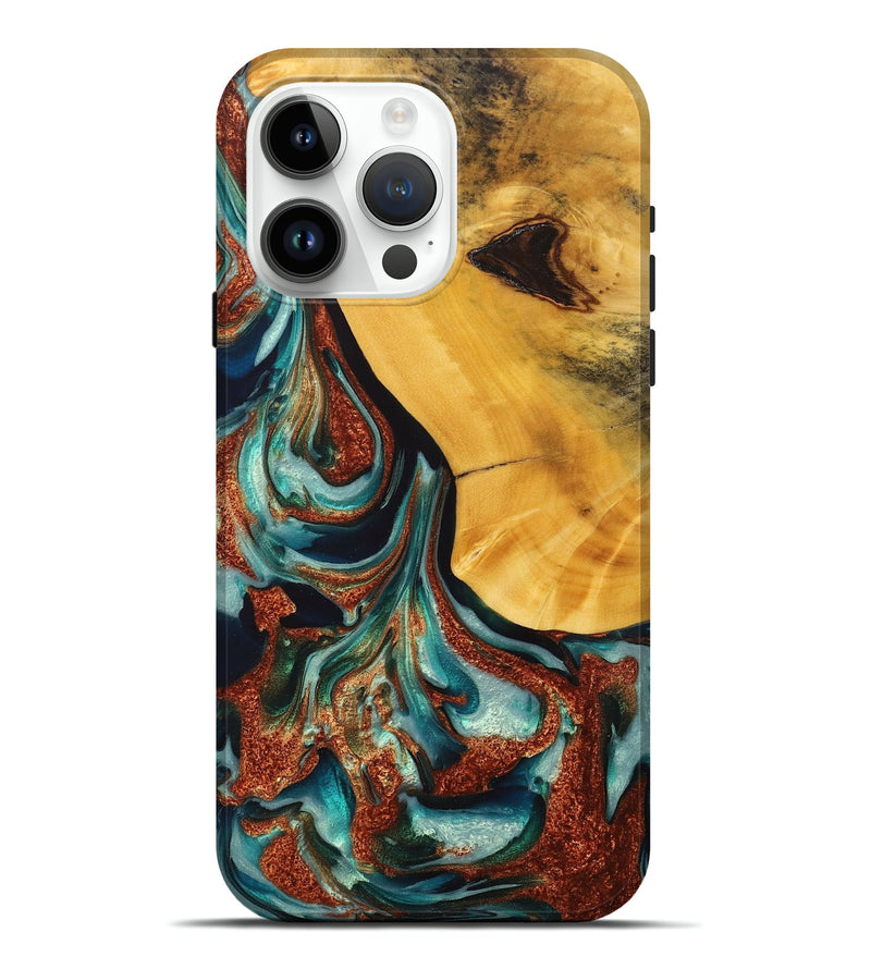iPhone 15 Pro Max Wood+Resin Live Edge Phone Case - Ida (Teal & Gold, 714706)