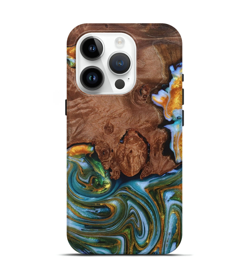 iPhone 15 Pro Wood+Resin Live Edge Phone Case - Kendrick (Teal & Gold, 714904)