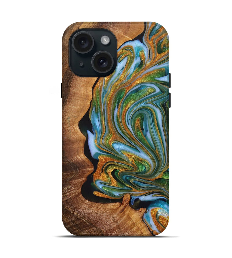 iPhone 15 Wood+Resin Live Edge Phone Case - Ayanna (Teal & Gold, 714905)