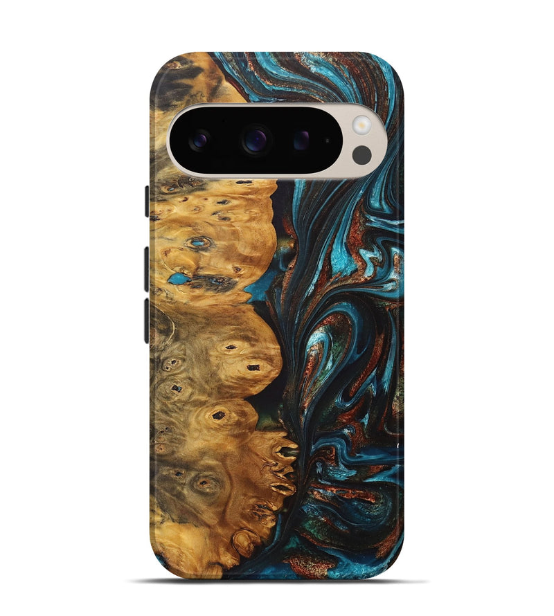 Pixel 9 Pro Wood+Resin Live Edge Phone Case - Julianna (Teal & Gold, 715323)