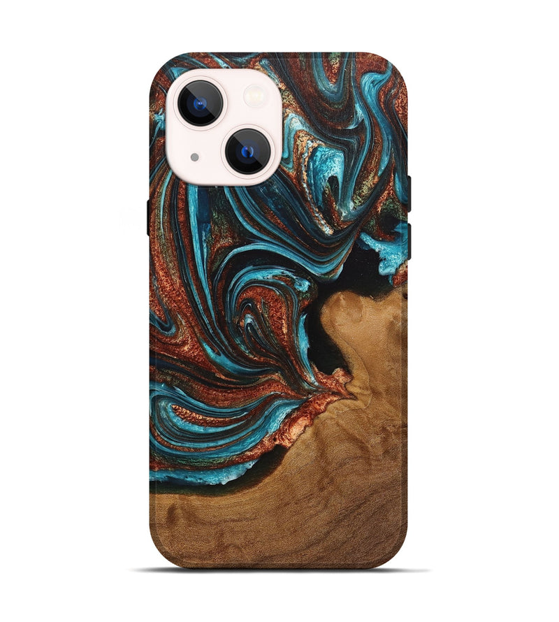 iPhone 14 Wood+Resin Live Edge Phone Case - Catina (Teal & Gold, 715324)