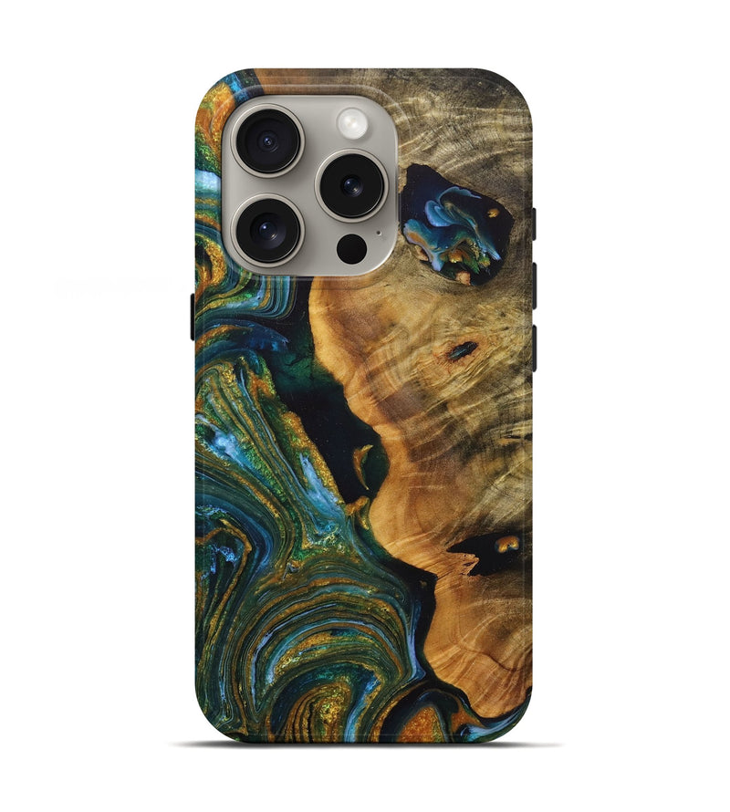 iPhone 16 Pro Wood+Resin Live Edge Phone Case - Gertrude (Teal & Gold, 715325)
