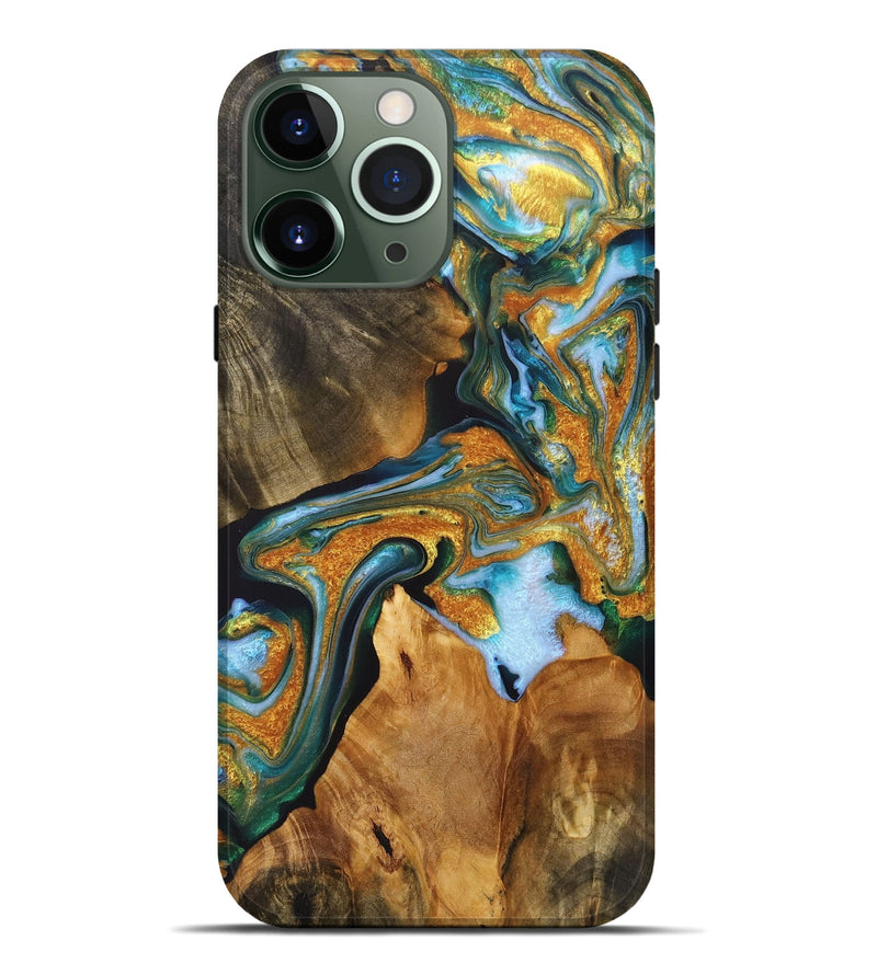 iPhone 13 Pro Max Wood+Resin Live Edge Phone Case - Monica (Teal & Gold, 715326)