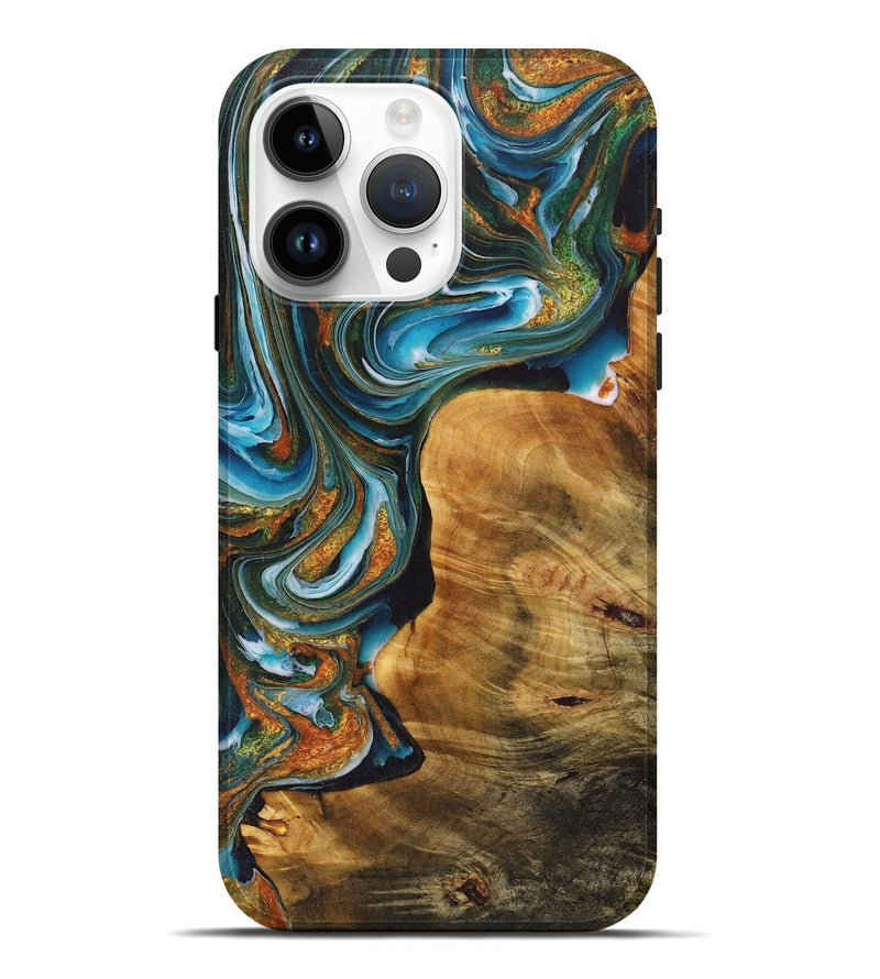 iPhone 15 Pro Max Wood+Resin Live Edge Phone Case - Debby (Teal & Gold, 715327)