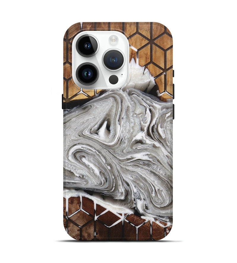 iPhone 15 Pro Wood+Resin Live Edge Phone Case - Bernadette (Teal & Gold, 715329)