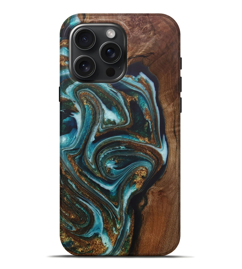 iPhone 16 Pro Max Wood+Resin Live Edge Phone Case - Carolyn (Teal & Gold, 715813)