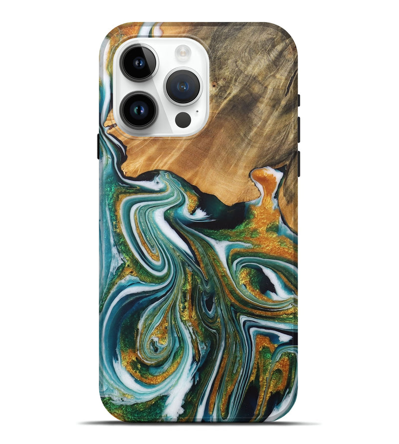 iPhone 15 Pro Max Wood+Resin Live Edge Phone Case - Sherlyn (Teal & Gold, 715814)