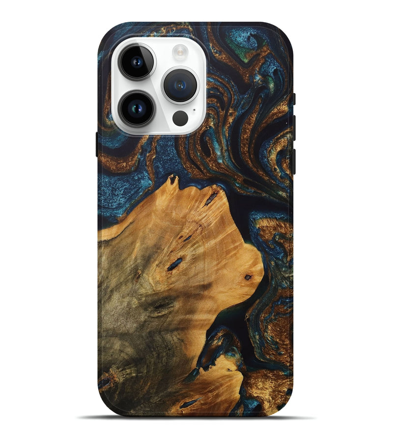 iPhone 15 Pro Max Wood+Resin Live Edge Phone Case - Shari (Teal & Gold, 715815)