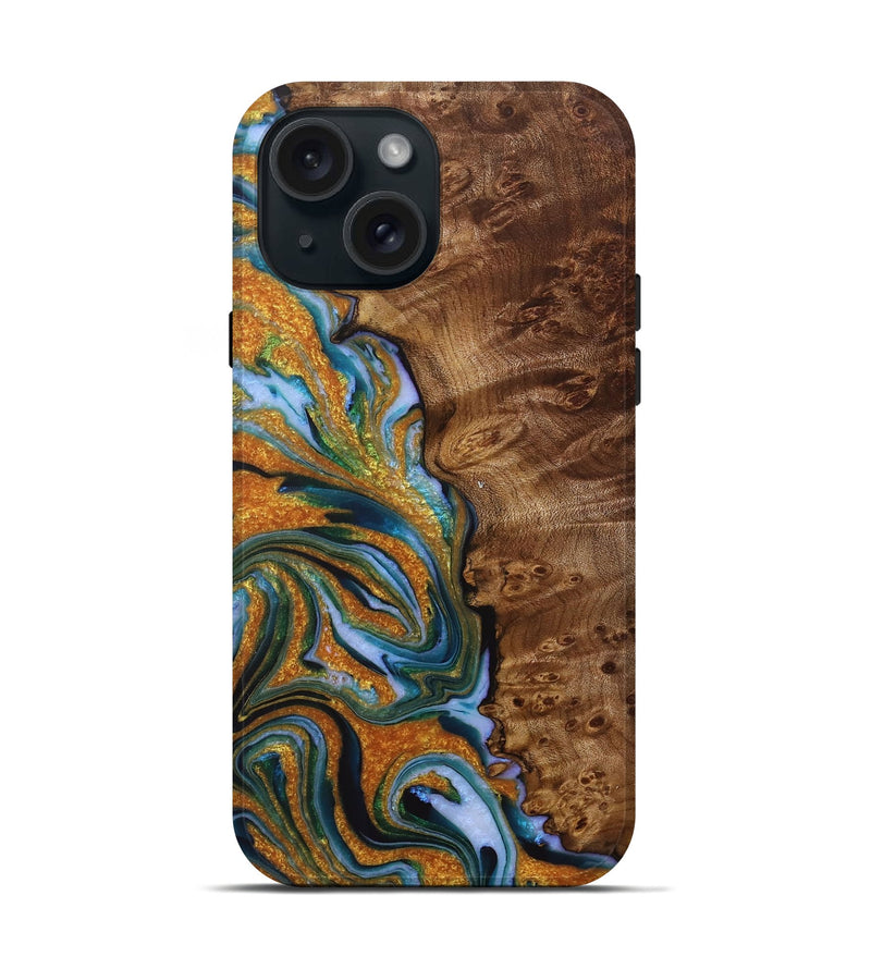iPhone 15 Wood+Resin Live Edge Phone Case - Terrence (Teal & Gold, 715817)