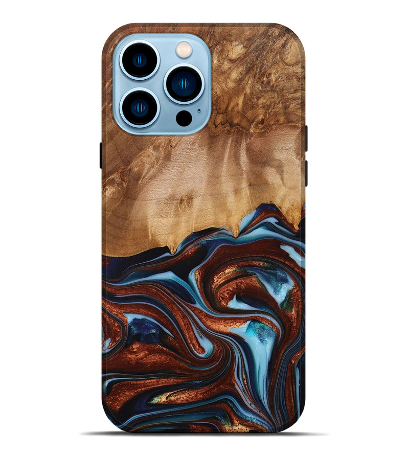 iPhone 14 Pro Max Wood+Resin Live Edge Phone Case - Riley (Teal & Gold, 715932)