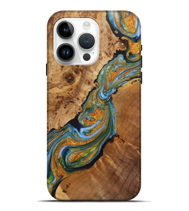 iPhone 15 Pro Max Wood+Resin Live Edge Phone Case - Brittany (Teal & Gold, 716078)