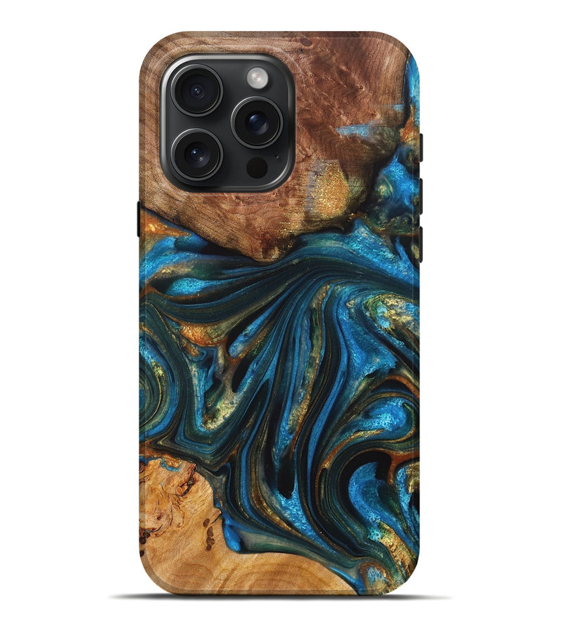 iPhone 16 Pro Max Wood+Resin Live Edge Phone Case - Curtis (Teal & Gold, 716113)