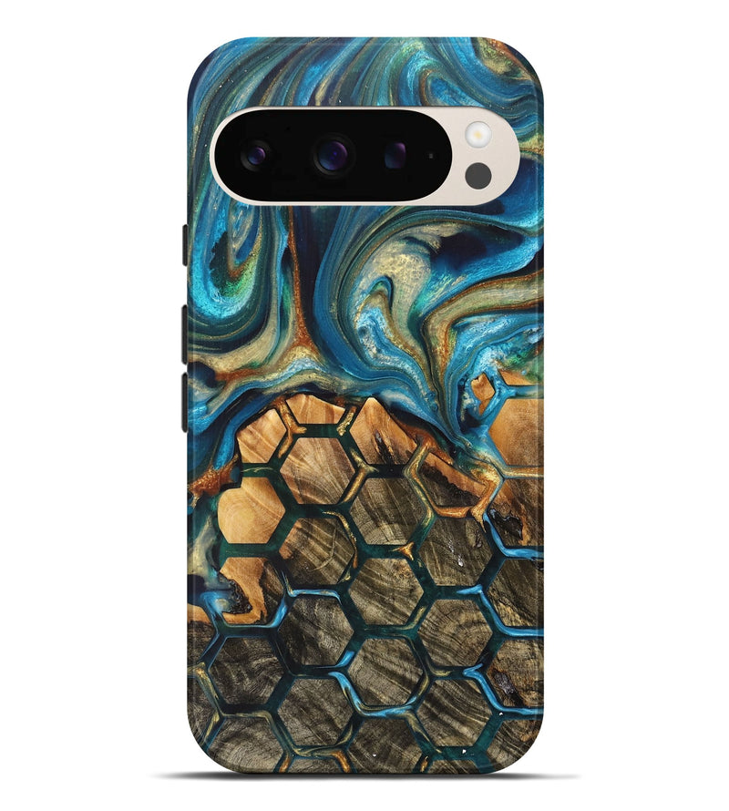 Pixel 9 Pro XL Wood+Resin Live Edge Phone Case - Tony (Teal & Gold, 716114)