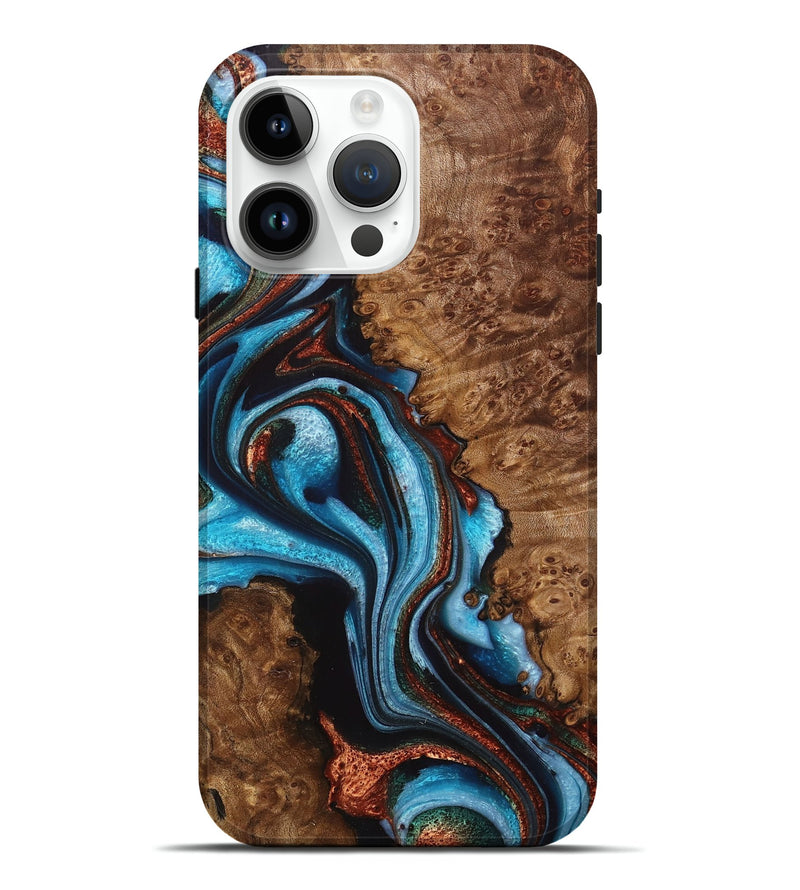 iPhone 15 Pro Max Wood+Resin Live Edge Phone Case - Gunnar (Teal & Gold, 716116)